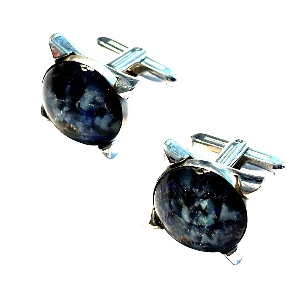 Vintage Mid Century 60's Hickok Cufflinks silver & blue polished marble rounds